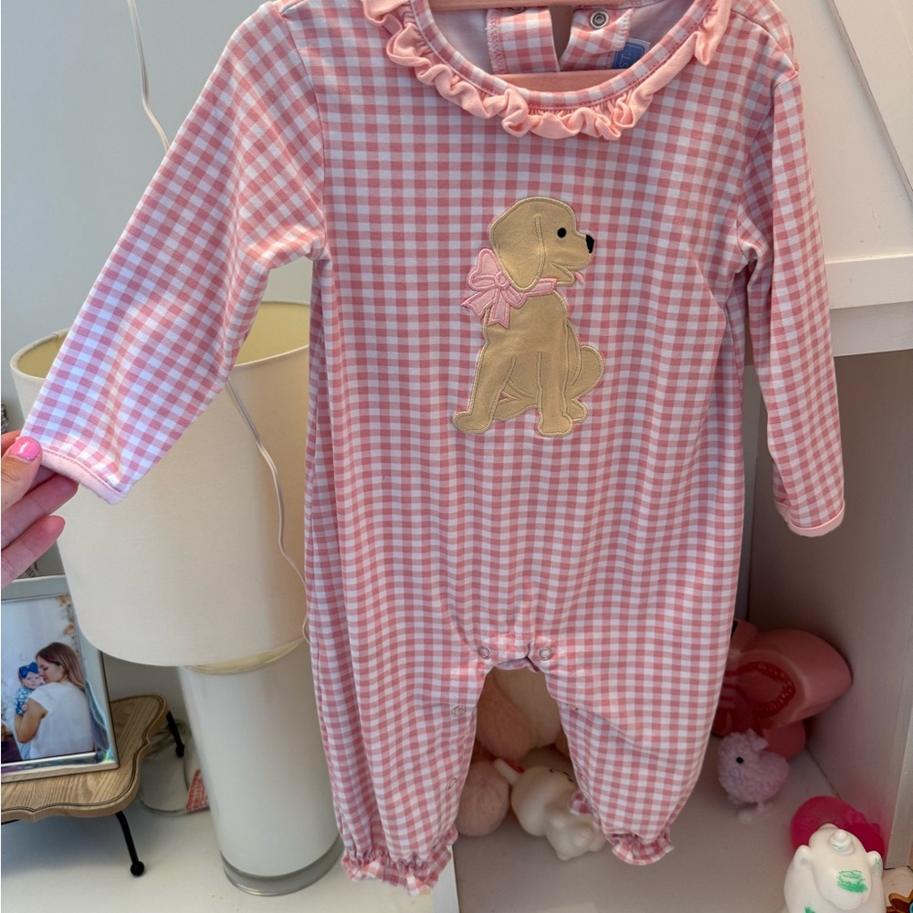 Cream and Pink Footie One Piece with Teddy Bear Appliqué